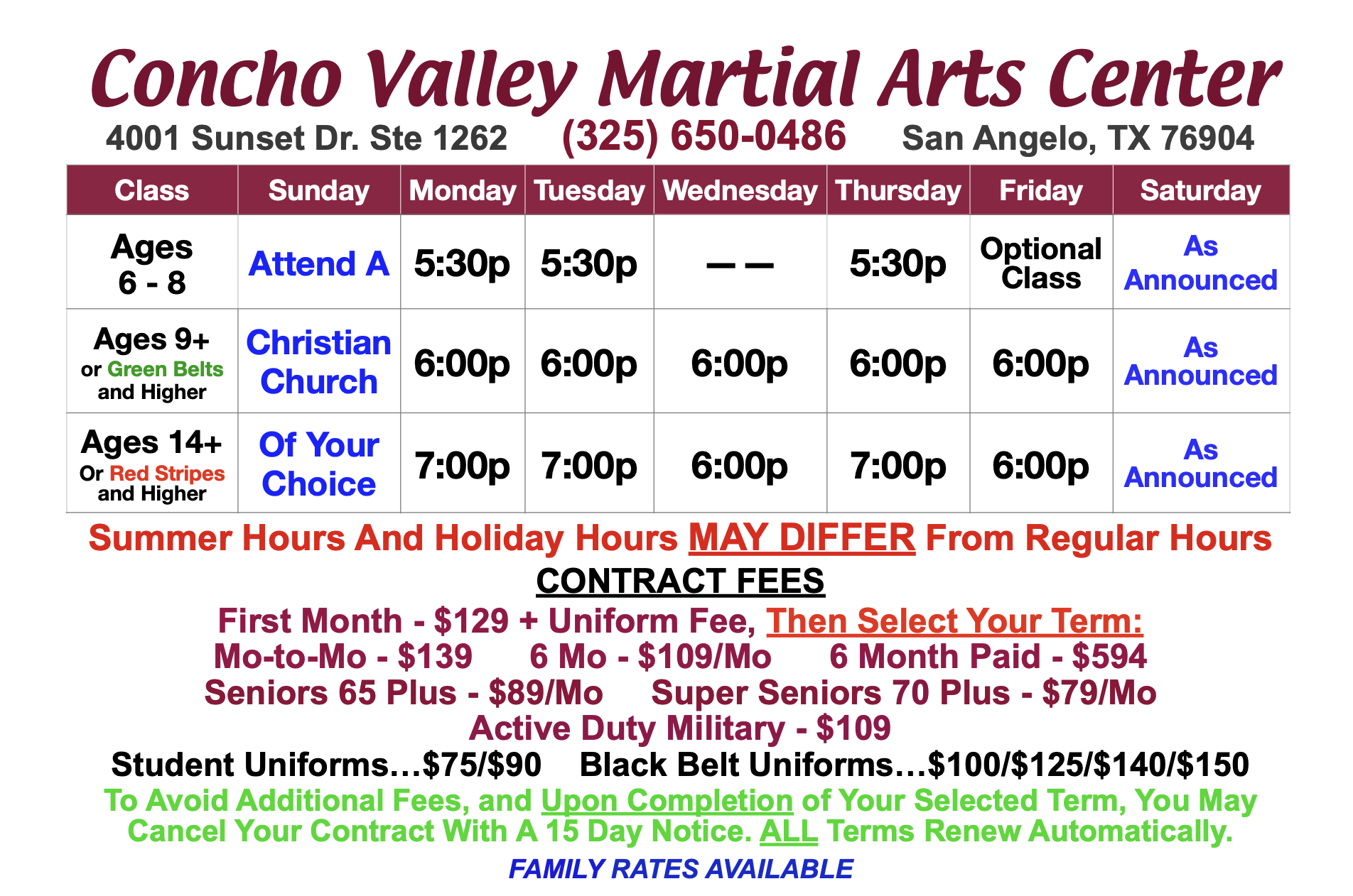 Summer schedule concho valley martia arts